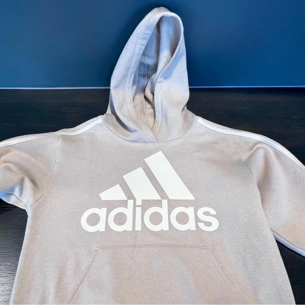 adidas Boys Tech Fleece Hoodie Tan Beige Athletic Logo Sweatshirt Youth M 10 12